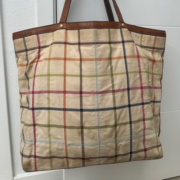 Coach Bleeker Tattersal Plaid Travel Tote Bag Brown Leather Trim & Zip pocket - Picture 8 of 16